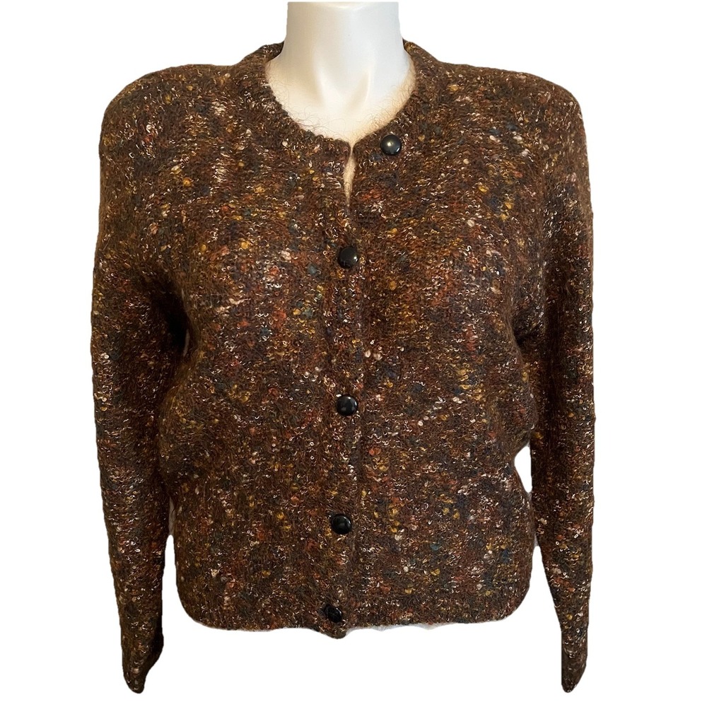 VTG‎ Mohair Blend Cardigan Sweater Women's M Oversized Brown Cottagecore Cozy
